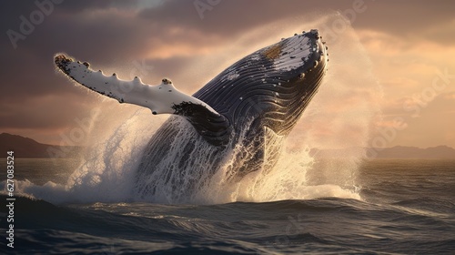  a humpback whale is jumping out of the water.  generative ai © Anna