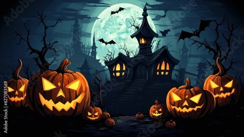 halloween background with jack o lantern pumpkins near a haunted house with ghosts