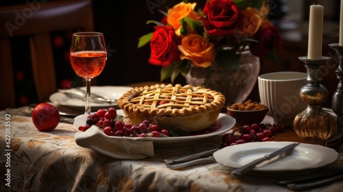 Thanksgiving pie on a festive dinner table with flowers and wine