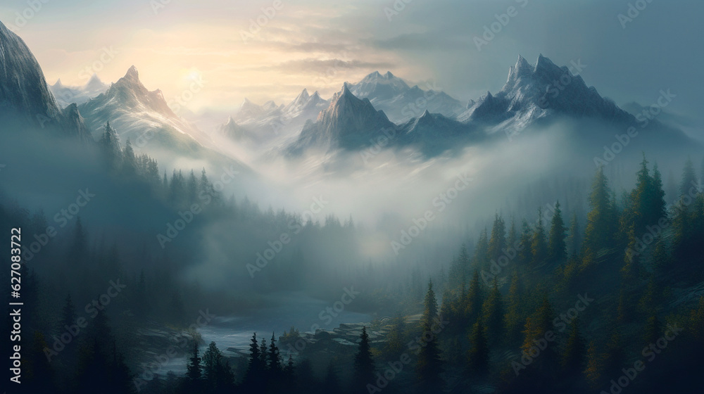 Mountains forest fog morning mystic. Generative AI