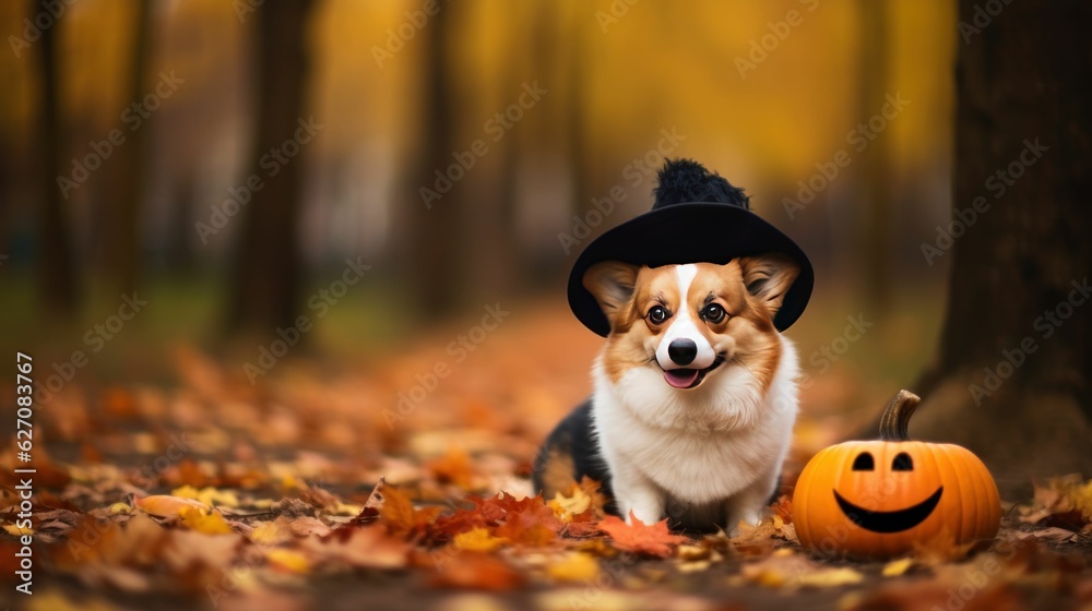 Cute korgi dog in a halloween hat with jack o lantern pumpkins sitting in an autumn park Cute korgi dog in a halloween hat with jack o lantern pumpkins sitting in an autumn park