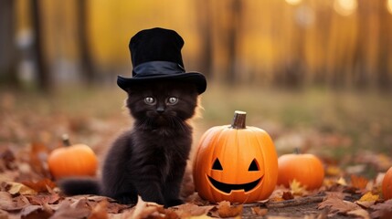 Black cat in a witch black hat for Halloween with jack o lantern pumpkins sitting in an autumn park
