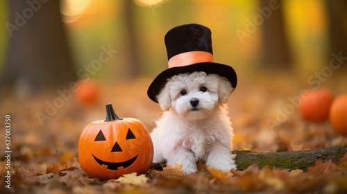 Bichon Fris puppy in a halloween hat with jack o lantern pumpkins sitting in an autumn park