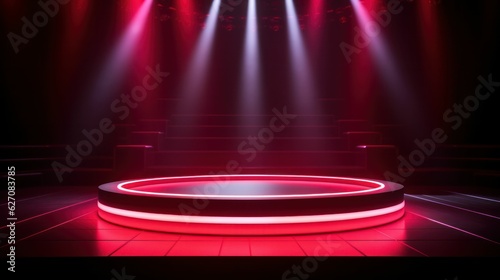 Neon illuminated stage podium scene with spotlights