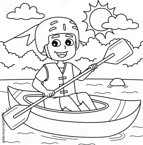 Boy Kayaking Summer Coloring Page for Kids