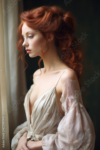 Radiant Redhead. Gorgeous Woman with Long Red Hair Flaunting a Beautiful Up Bun Hairstyle. AI Generative