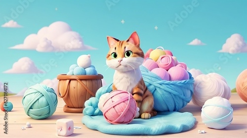 An island of wool, cotton and marshmallows in pastel summer colors with a cat playing with a ball of wool