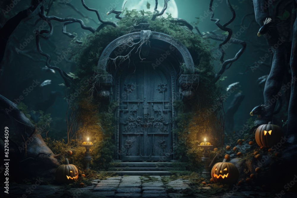 A cemetery door with Halloween decoration