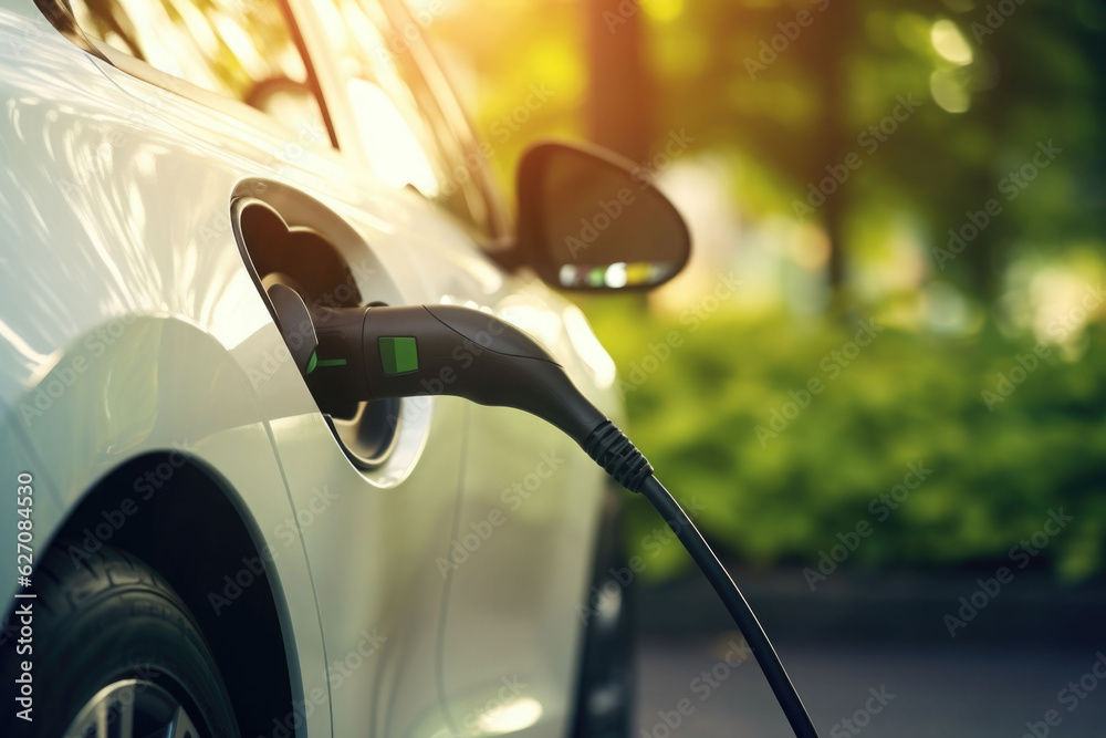 Electric car at charging station with the power cable supply plugged in Electric car at charging station with the power cable supply plugged in