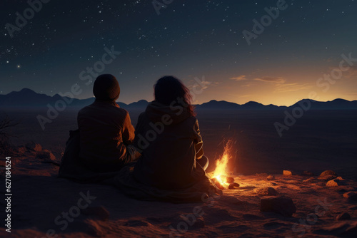 Couple sitting by the campfire in the desert under the big starry sky