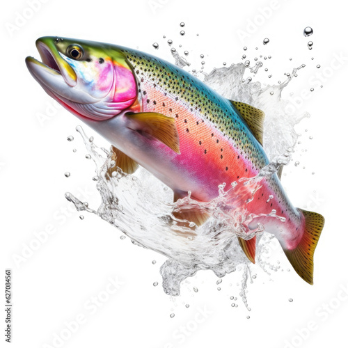 Rainbow trout jumping up and splashing on white background