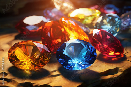 A pile of colored gemstones. Collection mix of gemstones jewelry on dark background photo