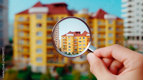 Searching new house for purchase. Rental housing market. Magnifying glass near residential building. Generative AI