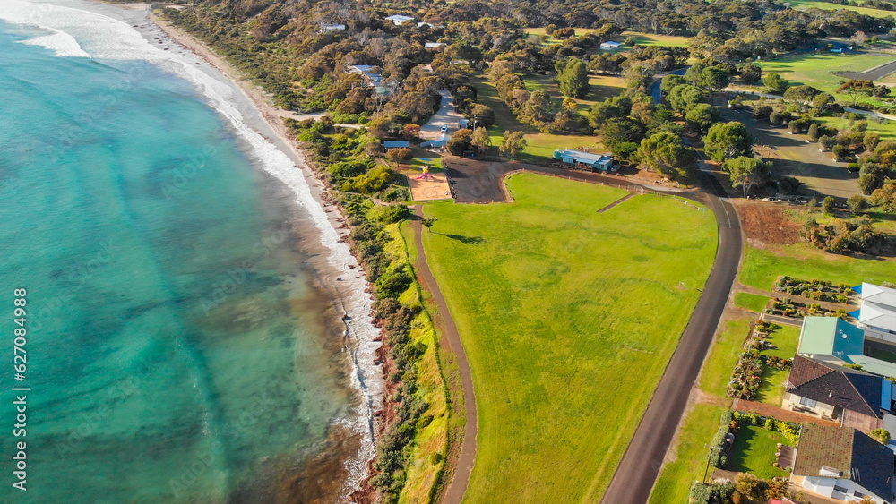 Emu Bay homes and coastline, Kangaroo Island from drone, Australia