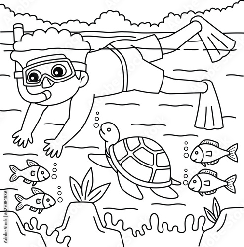 Boy Snorkeling Summer Coloring Page for Kids