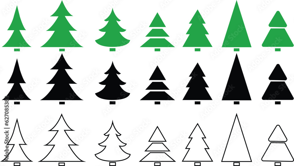 Merry Christmas trees icon set on white background . Collection of ...