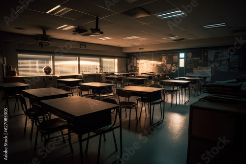 Professionally organized classroom with rows of desks and chairs, lit up by cinematic lights, creating a visually stunning and inviting environment for students © Kateryna