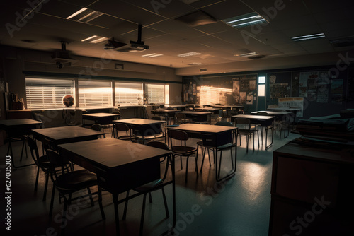 Professionally organized classroom with rows of desks and chairs, lit up by cinematic lights, creating a visually stunning and inviting environment for students