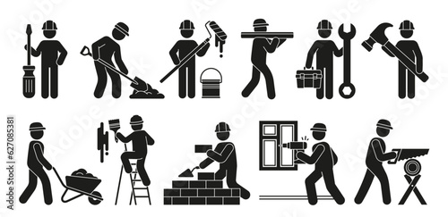 Stickmen silhouettes set. Stylized carpenter people building bricks, painting walls holding screwdriver and wrench, sawing and digging. Cartoon flat vector collection isolated on white background