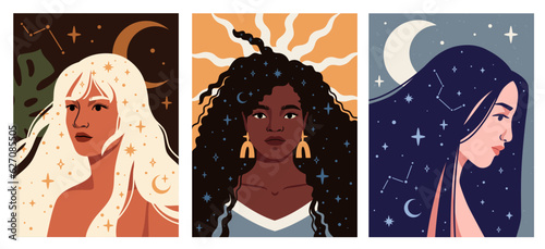 Astrological posters with women set. Portraits of girls, stars and constellations, moon and sun. Cover for design of tarot cards, brochures and cards. Cartoon flat vector isolated on white background