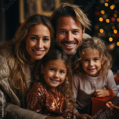 Warm Festive Family: A cheerful family portrait with beaming smiles, a beautifully decorated Christmas tree, and a cozy atmosphere illuminated by Christmas lights. AI Generative