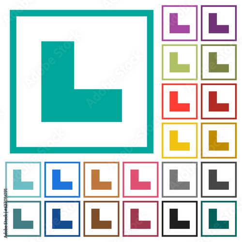 Bottom left angle arrow solid flat color icons with quadrant frames