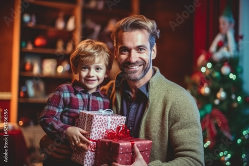 Warm Festive Family: Father and son portrait with beaming smiles, presents, and a cozy atmosphere illuminated by Christmas lights. AI Generative