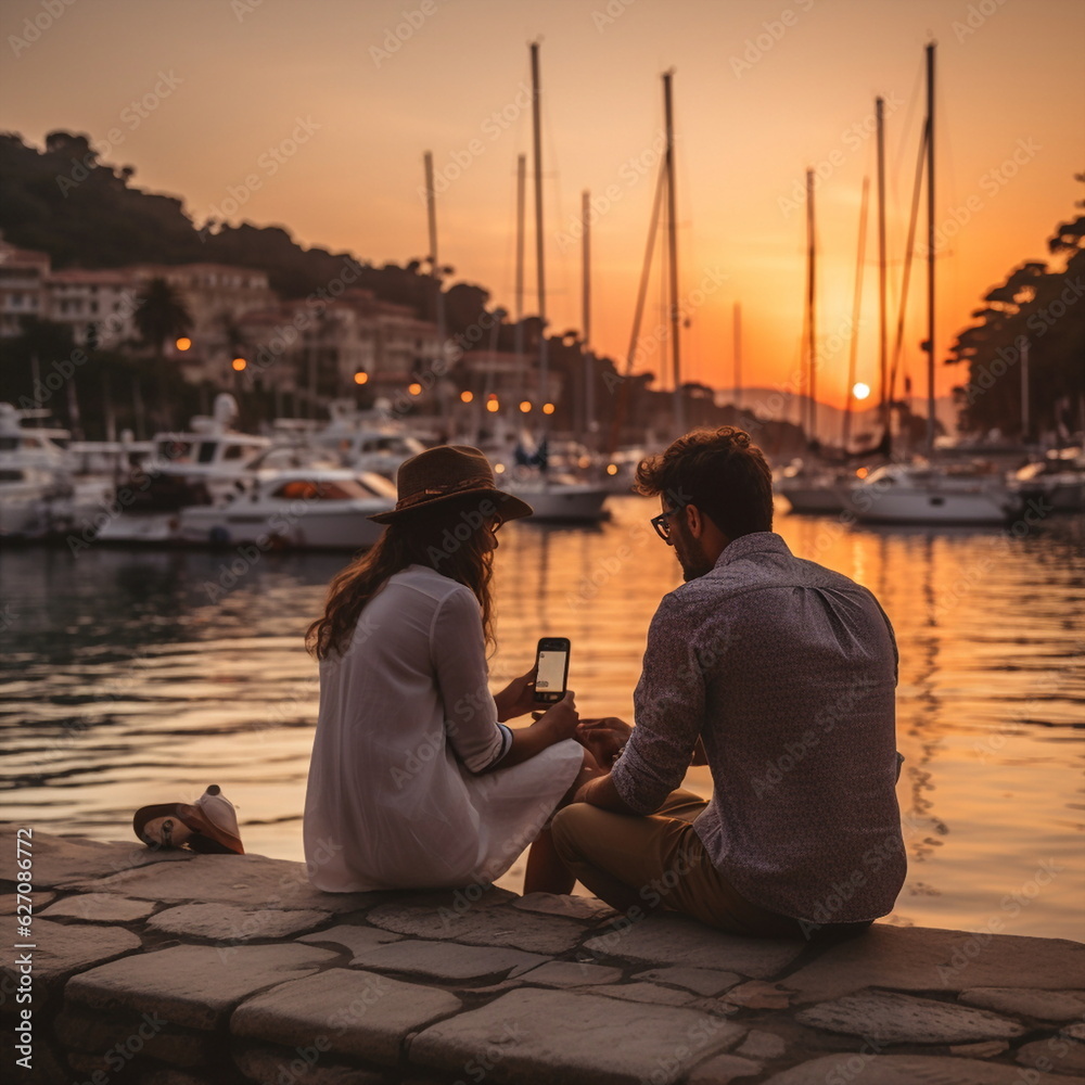 romantic couple relaxing on promenade and watching beautiful sunset and make photo on mediterranean sea port with boat summer vacation and travel romantic couple relaxing on promenade and watching beautiful sunset and make photo on mediterranean sea port with boat summer vacation and travel
