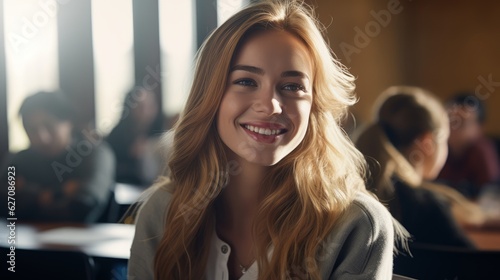 A gorgeous university student girl sitting in a class