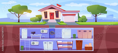 Underground innovation bunker. House and secret lambatory in basement for protection from nuclear war and natural disasters. Rooms with computer, storage and bed. Cartoon flat vector illustration