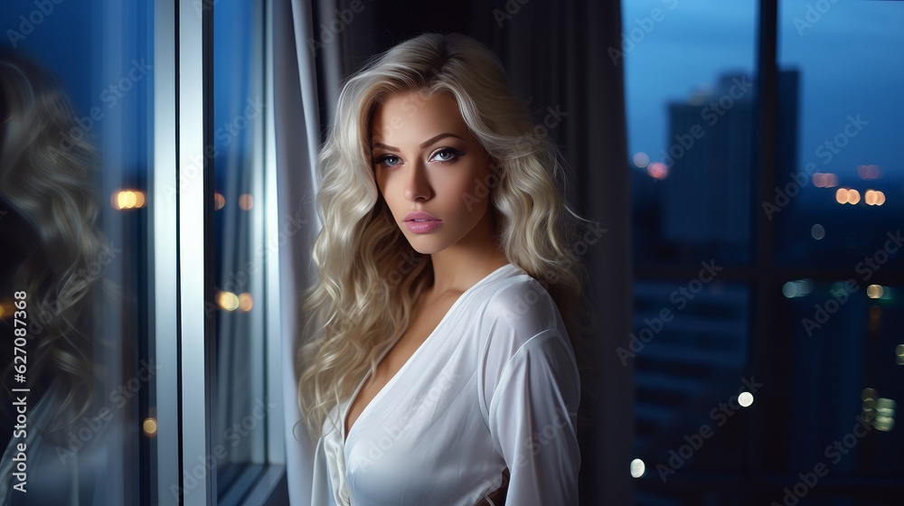 Gorgeous woman standing in a hotel balcony wearing a white dress