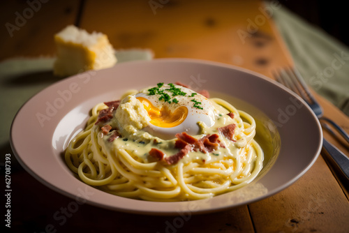 Creamy Spaghetti Carbonara with Pancetta  Egg  and Parmesan Cheese  Generative AI