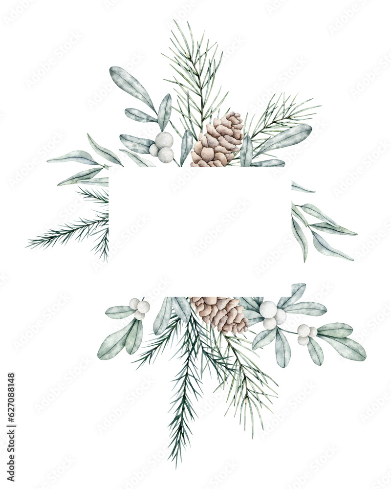Frame with pine branch and cones. Watercolor twig of conifers evergreen ...