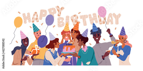 People at birthday party. Happy office team surprise congratulate boy with cake and candles, balloons and confetti. Group of smiling colleagues celebrate together. Cartoon flat vector illustration