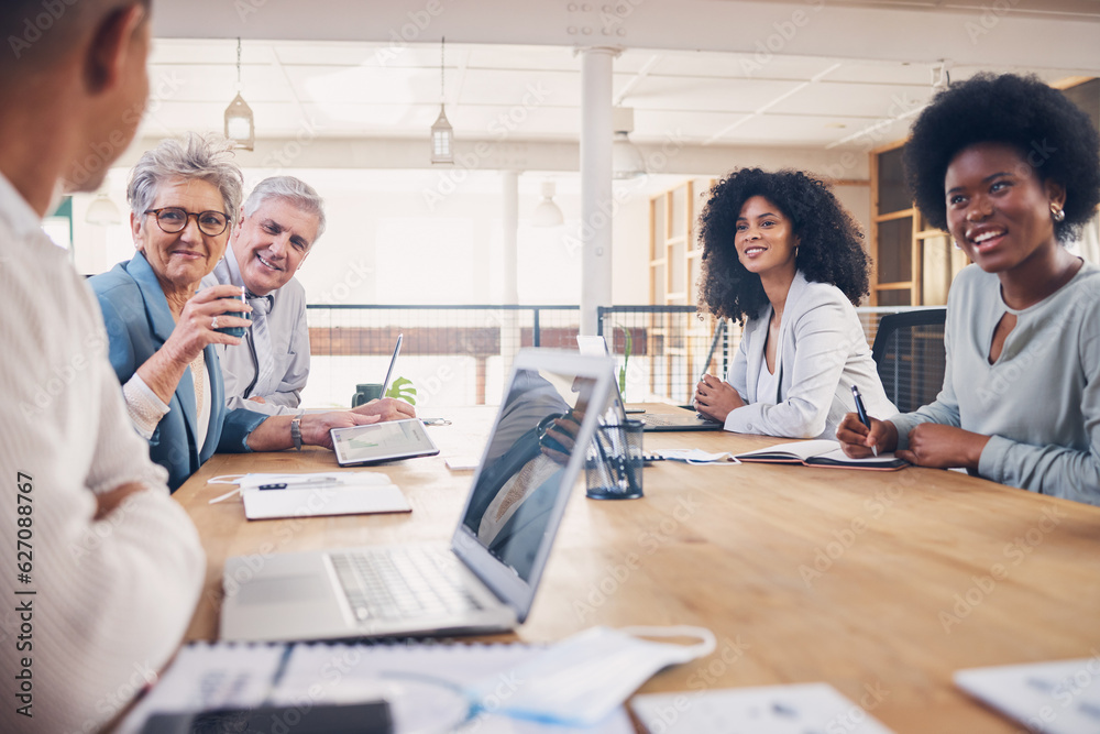 Planning, meeting and business people listening to a man for an idea, plan or strategy to a project. Team, communication and businessman talking to colleagues about corporate plans in a seminar