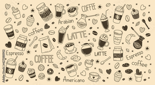 Cute coffeeshop icons set . Monochrome sketch with cold and hot drinks and mugs, bakery and sweets. Print for design of cafe menus and flyers. Cartoon flat vector collection isolated on background
