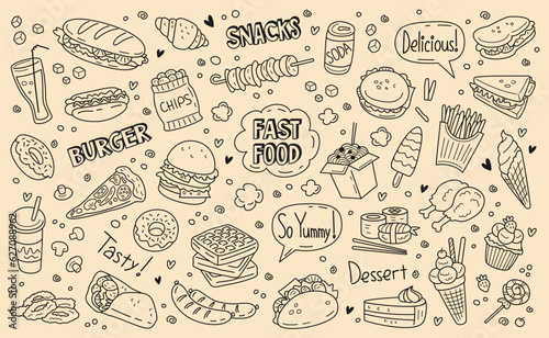Fast food set. Monochrome sketch with street food and drinks, sweets and bakery, sandwich and pizza, Chinese noodles and sausages. Doodle print for cafe menu design. Cartoon flat vector collection