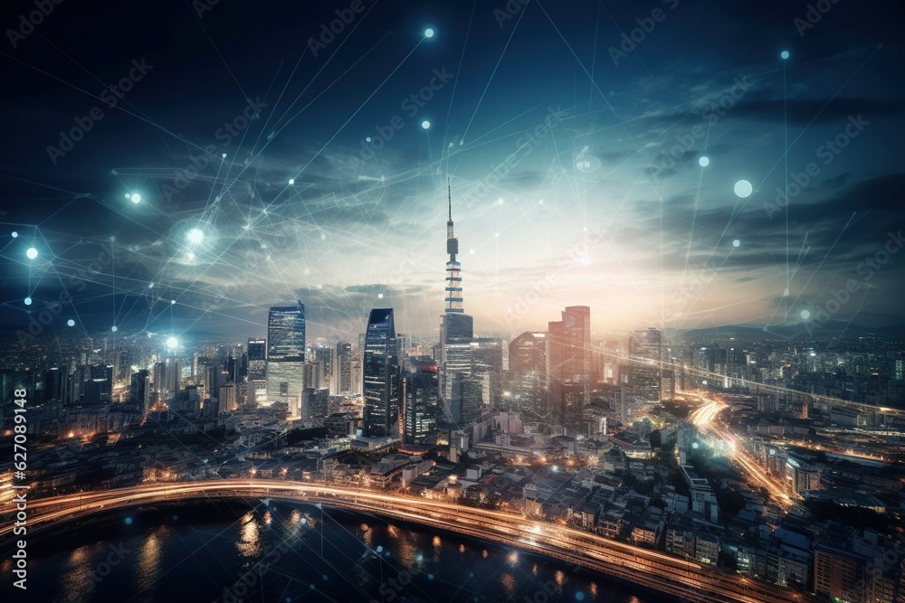 Fototapeta premium Modern cityscape showcasing telecommunication, IoT, and ICT concepts.