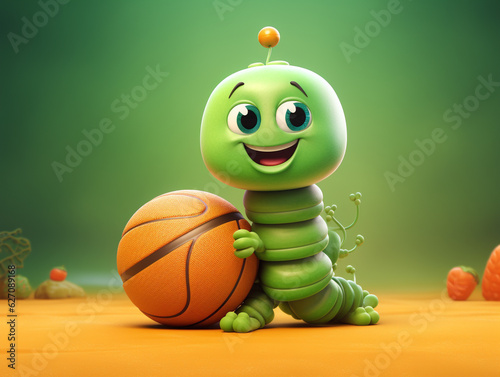 A Cute 3D Caterpillar Playing Basketball on a Solid Color Background | Generative AI