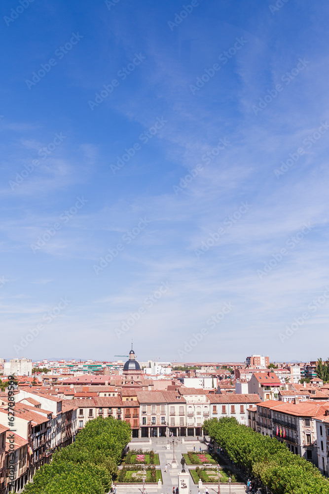 Aerial view landmark Plaza de Cervantes, Alcala de Henares, Community of Madrid travel destination
