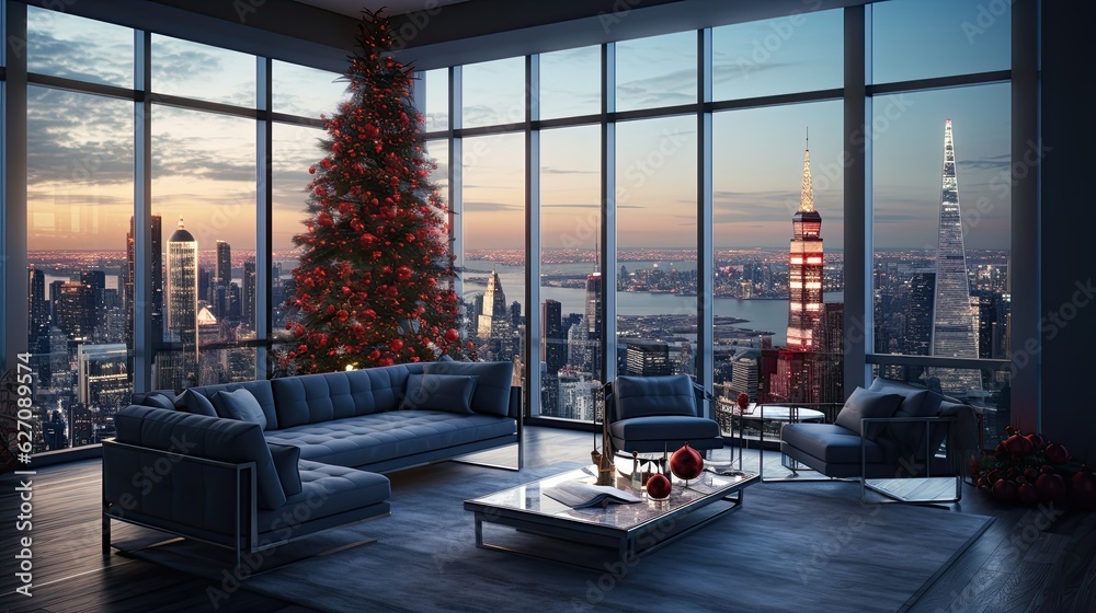 Generative AI illustration of contemporary lounge area with comfortable sofas and armchair placed near Christmas tree decorated with glowing garlands against panoramic windows overlooking evening city