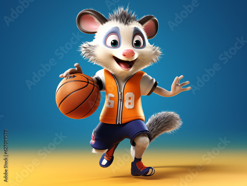 A Cute 3D Opossum Playing Basketball on a Solid Color Background | Generative AI
