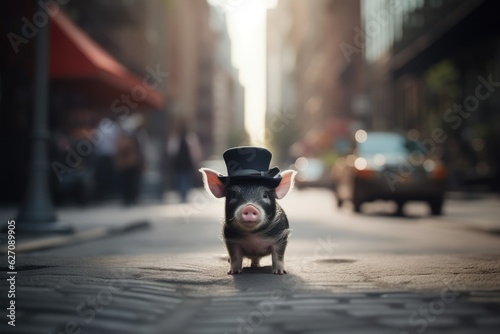 Funny and cute mini pig in a hat in the middle of the street. photo