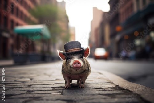Funny and cute mini pig in a hat in the middle of the street. photo