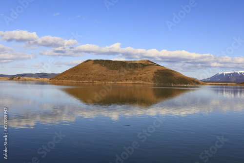 Mývatn is a shallow lake located in an area of active volcanism in northern Iceland, near the Krafla volcano