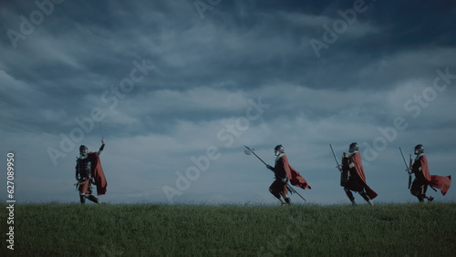 Four Roman soldiers come out to attack in the evening in open territory.