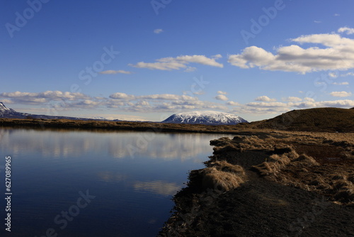 Mývatn is a shallow lake located in an area of active volcanism in northern Iceland, near the Krafla volcano