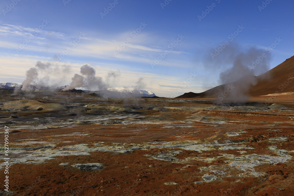 Hverarönd is a hydrothermal site in Iceland with hot springs, fumaroles, mud ponds and very active solfatares. It is located in the north of Iceland