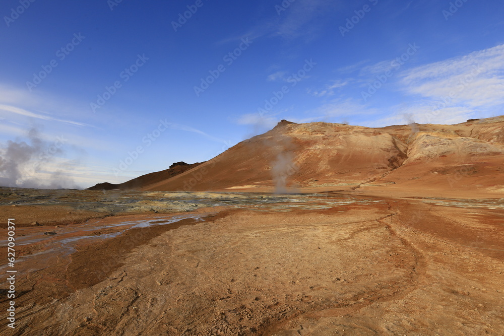 Hverarönd is a hydrothermal site in Iceland with hot springs, fumaroles, mud ponds and very active solfatares. It is located in the north of Iceland