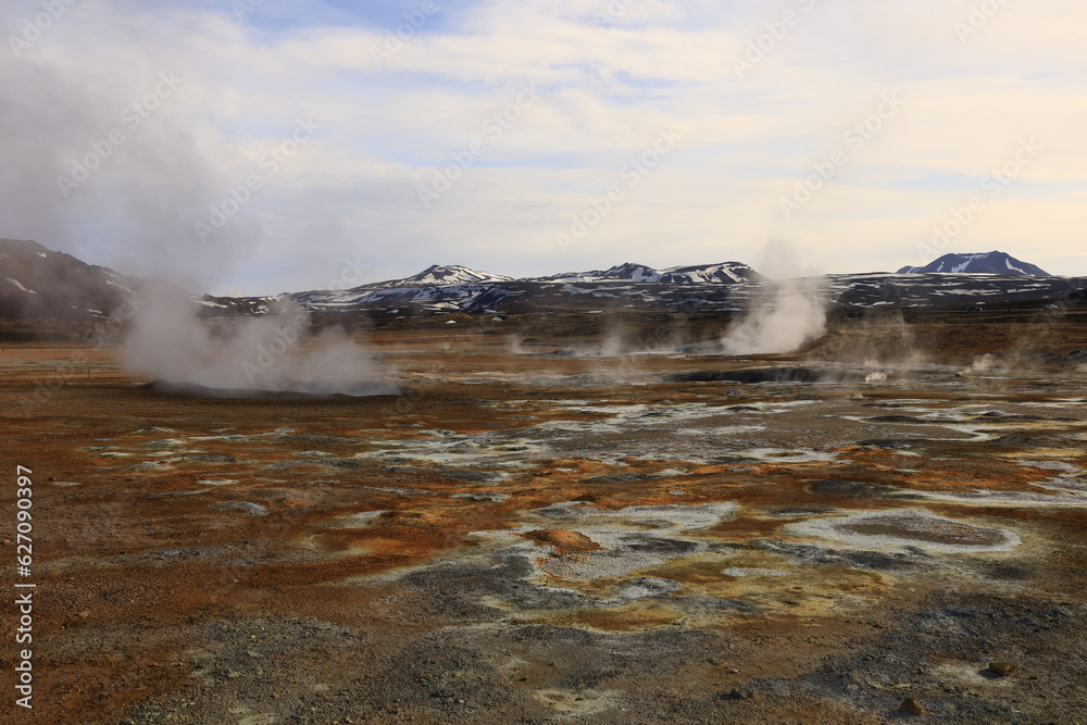 Hverarönd is a hydrothermal site in Iceland with hot springs, fumaroles, mud ponds and very active solfatares. It is located in the north of Iceland